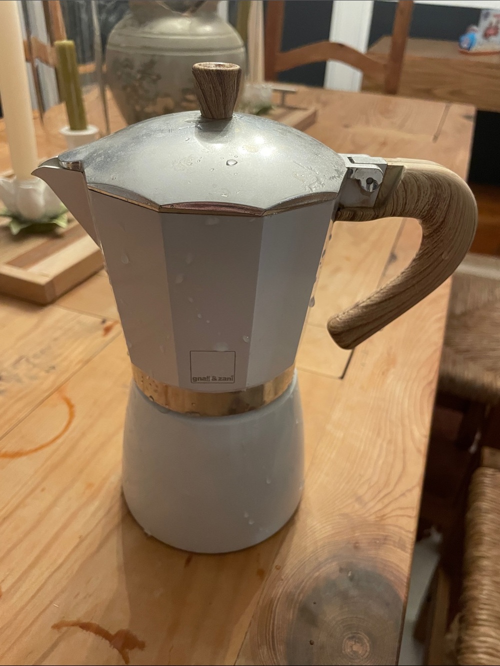 White Stovetop Moka Pot with Wood-Effect Handle